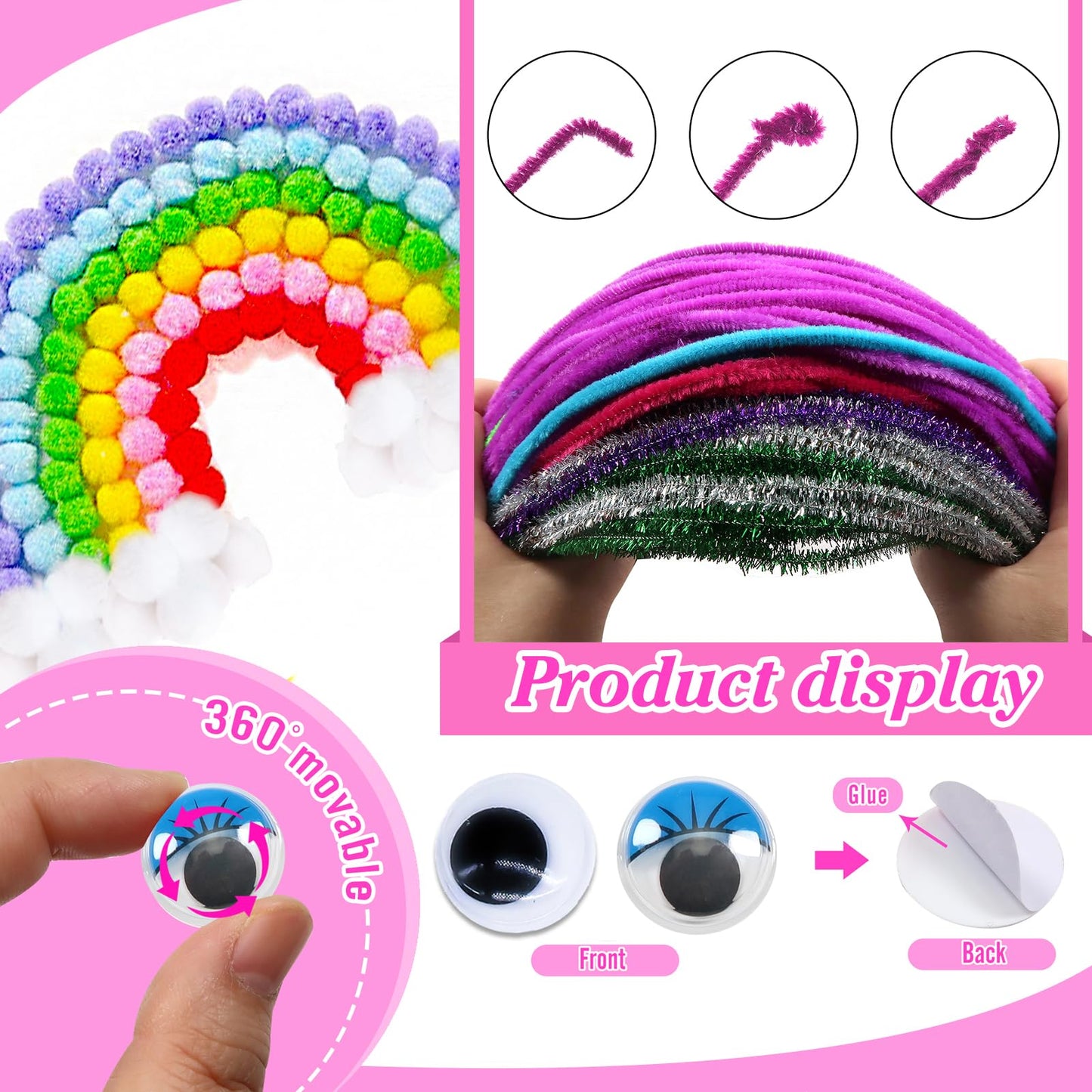 Deluxe Craft Kit with 1360pcs Pipe Cleaners, Pom Poms