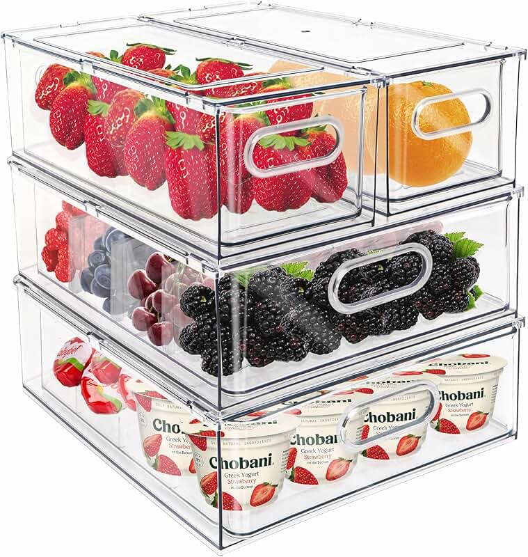 Stackable Clear Refrigerator Drawer Bins with Handles (4 Pack)