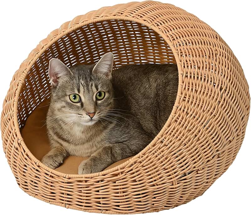 Modern Circular Faux Wicker Pet Bed with Washable Cushion
