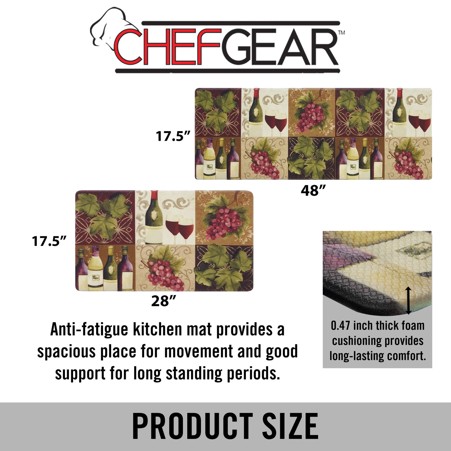 Wine Novelty Anti-Fatigue Kitchen Mat, Cooking & Standing Relief, Memory Foam & Skid-Resistant, Set of 2-17.5 x 48/17.5 x 28, Brown Red