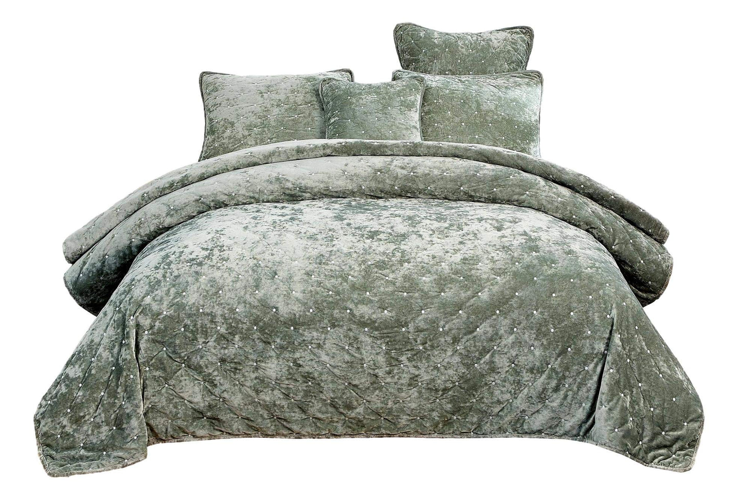 Velvet Dreams Luxurious Velveteen Velour Super Soft Plush Warm Cozy Diamond Tufted Polka Dot Quilted Coverlet Light Pastel Green Bedspread Set, California King