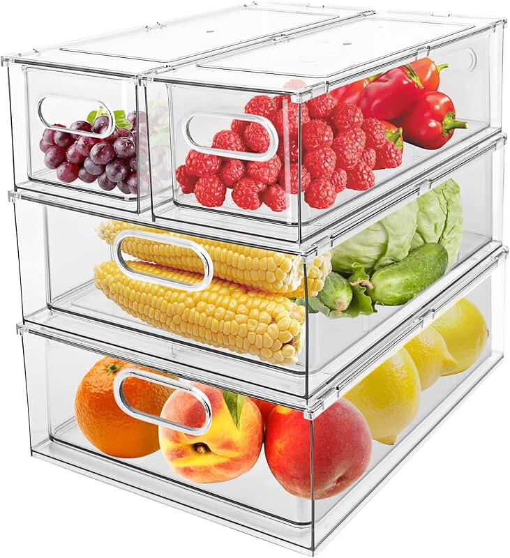 Set of 4 Clear Refrigerator Drawer Bins for Fruits and Vegetables