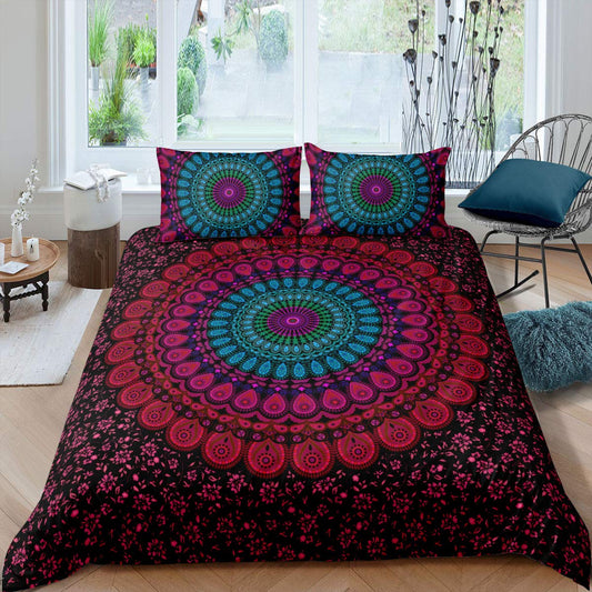 Mandala Bedding Boho Chic Hippie Duvet Cover Twin, Bohemian Decor Comforter Cover Soft Microfiber Red Purple and Teal Mandala Floral Pattern Bedspreads Quilt Cover with Zipper,1 Pillow Sham