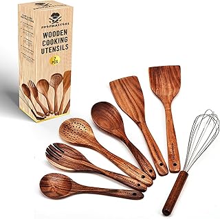 Set of 7 Natural Teak Wooden Cooking Spoons