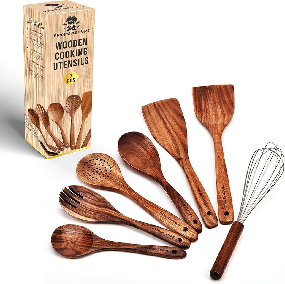 Set of 7 Natural Teak Wooden Cooking Spoons
