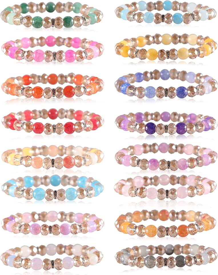 Set of 16 Colorful Beaded Crystal Bracelets for Women