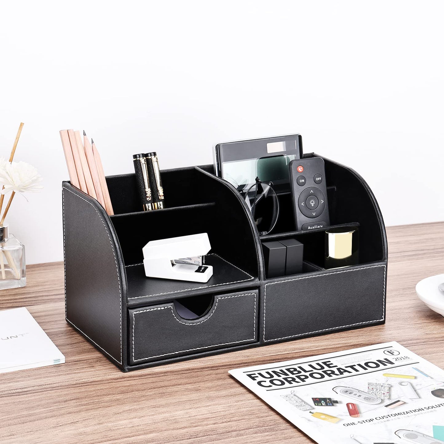 Black PU Leather Desk Organizer with 6 Compartments