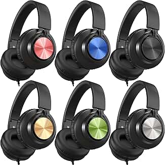 Kids wired headphones with microphone, 6-pack, adjustable, foldable