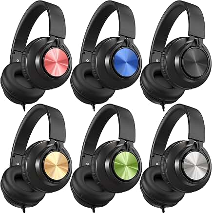 Kids wired headphones with microphone, 6-pack, adjustable, foldable