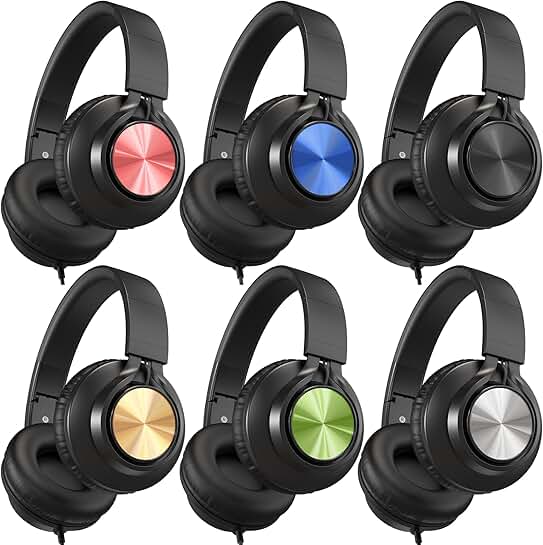 Kids wired headphones with microphone, 6-pack, adjustable, foldable
