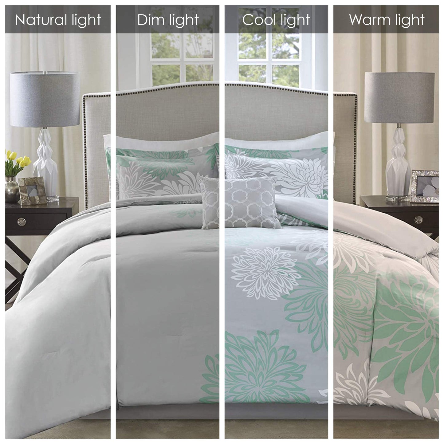 Enya Comforter Set-Modern Floral Design All Season Down Alternative Bedding, Matching Shams, Bedskirt, Decorative Pillows, Queen(90"x90"), Aqua