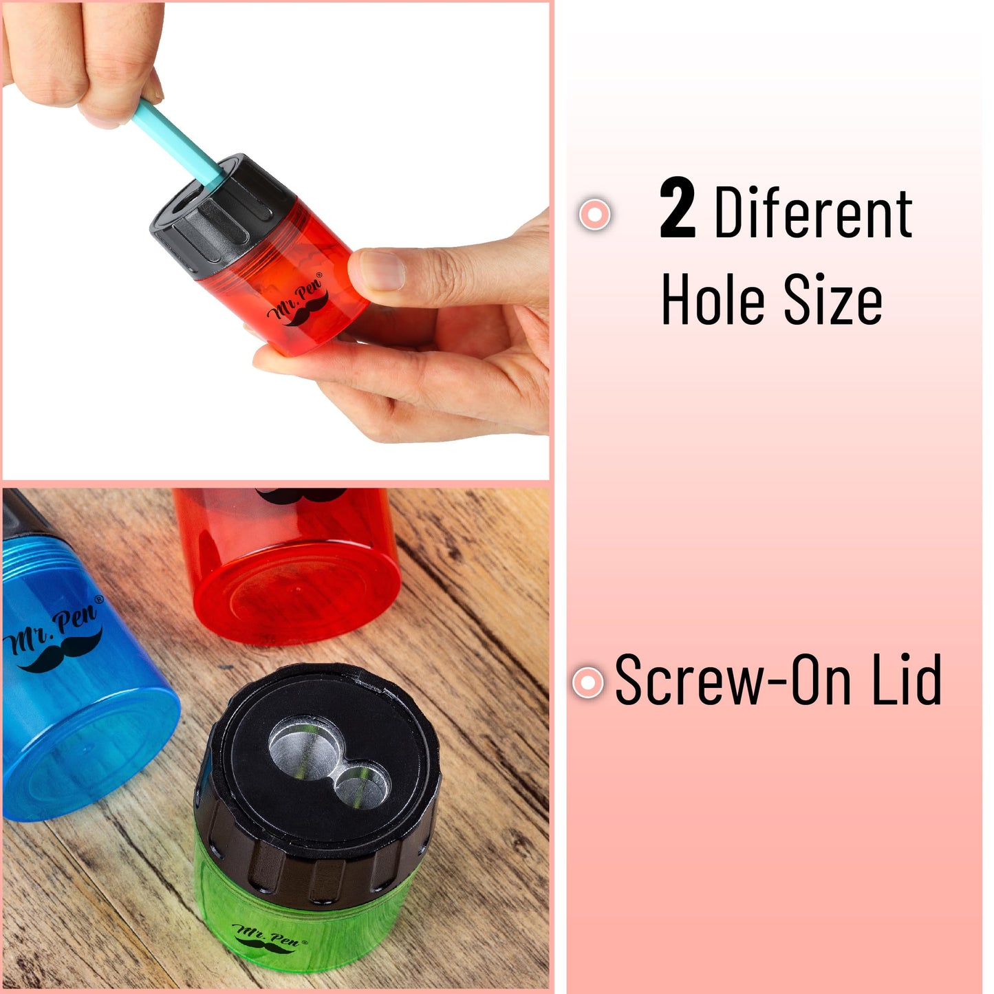 Set of 6 Handheld Manual Pencil Sharpeners with 2 Holes