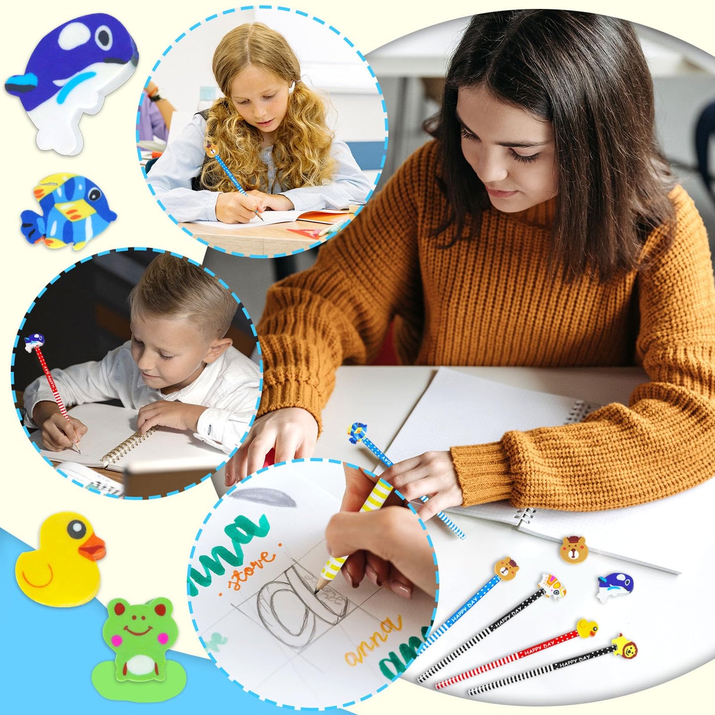 50 Colorful Cartoon Pencils with Erasers for Kids