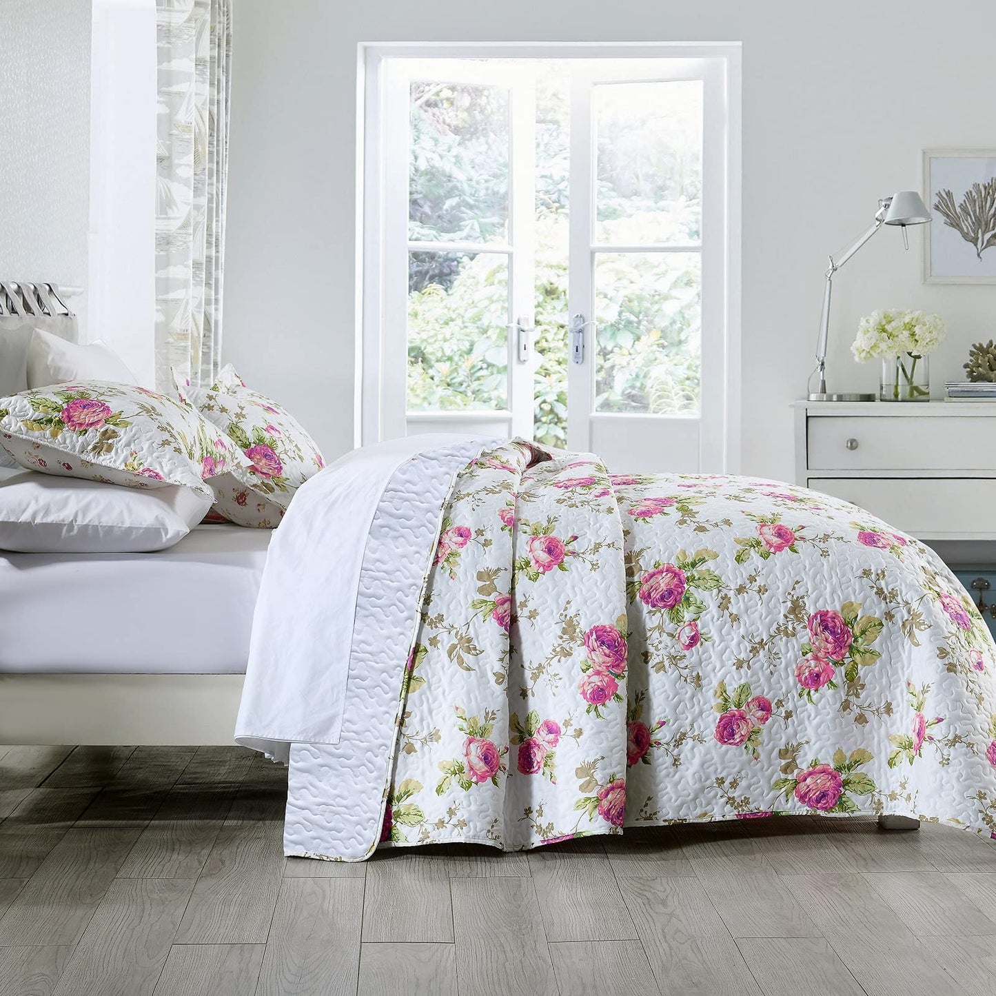 3-Piece Full Queen Quilt Set, Lightweight Soft Full Size Quilt Bedspread Coverlet 90x90 inches) Bedding Set with 2 Pillow Shams 20x26 inches), Rose Floral Print