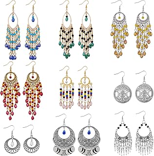 Nine Pairs of Long Beaded Tassel Dangle Earrings