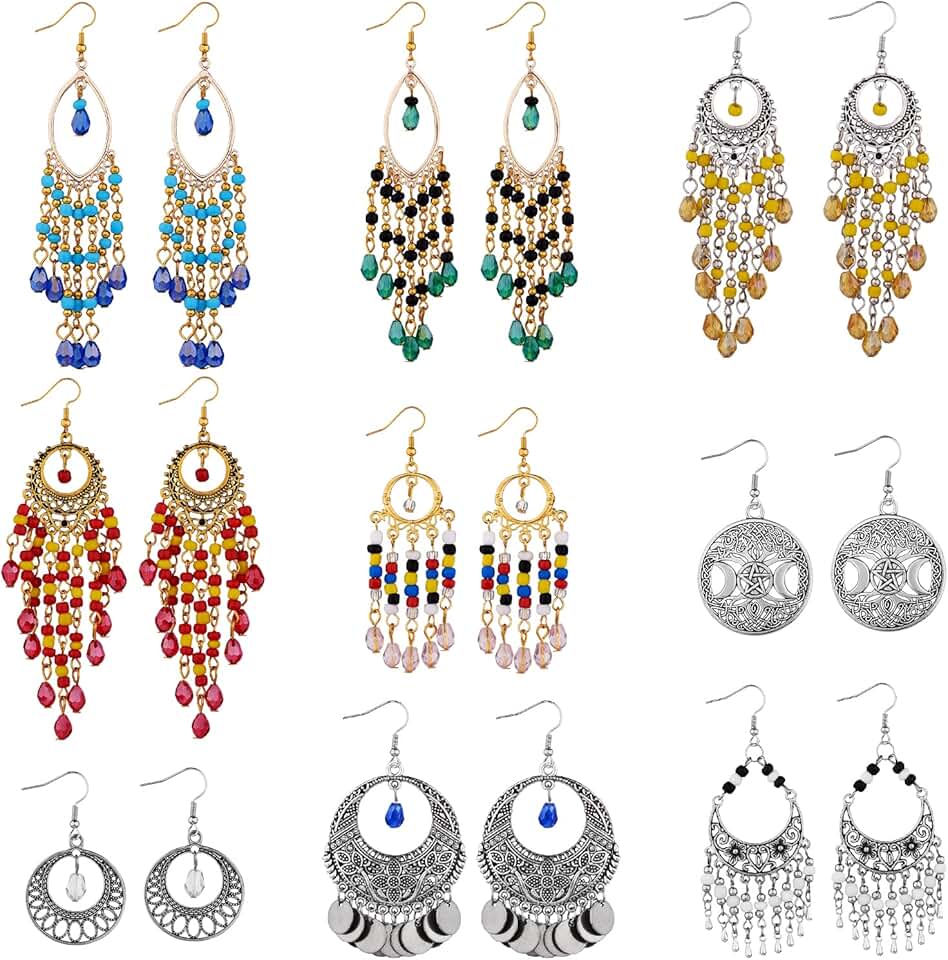 Nine Pairs of Long Beaded Tassel Dangle Earrings