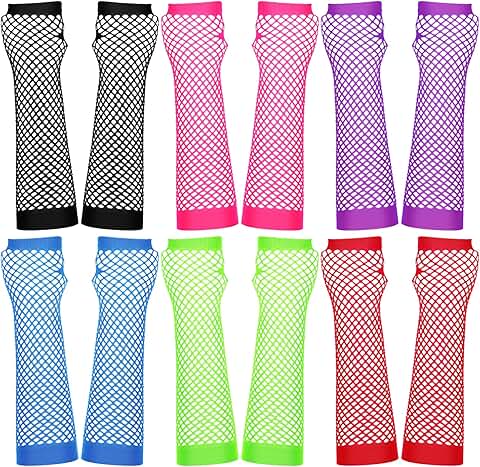 Six Pairs of Neon Fishnet Fingerless Gloves and Arm Sleeves