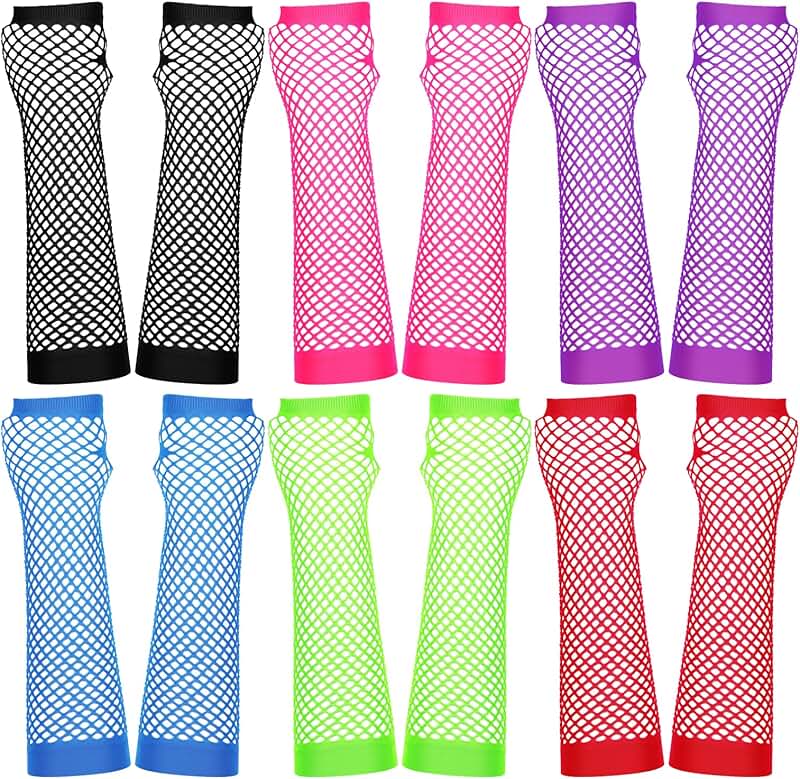 Six Pairs of Neon Fishnet Fingerless Gloves and Arm Sleeves