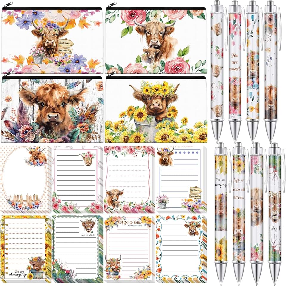 20-Piece Highland Cow Gift Set with Sticky Notes and Pens