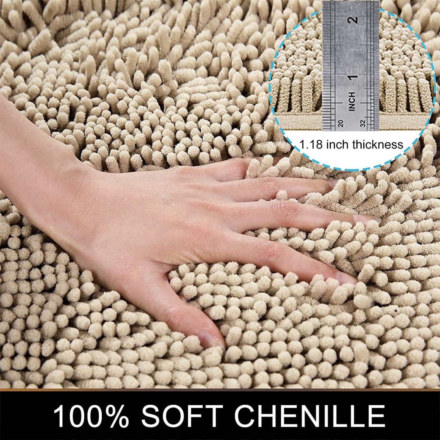Chenille Bath Rug, Extra Soft and Absorbent Shaggy Bathroom Mat Rugs, Machine Washable, Non- Plush Carpet Runner for Tub, Shower, and Bath Room(24''x47'', Beige)