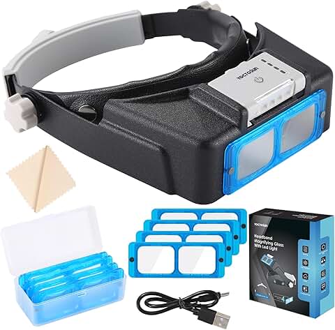 Rechargeable Headband Magnifier with Light and 4 Lenses