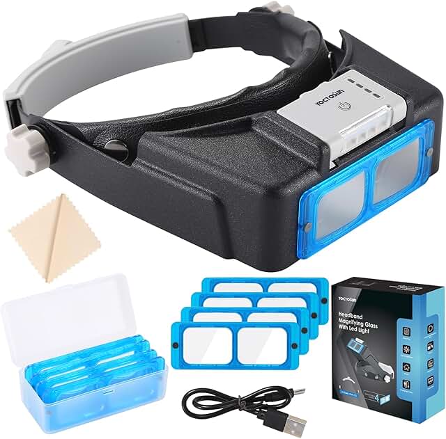 Rechargeable Headband Magnifier with Light and 4 Lenses
