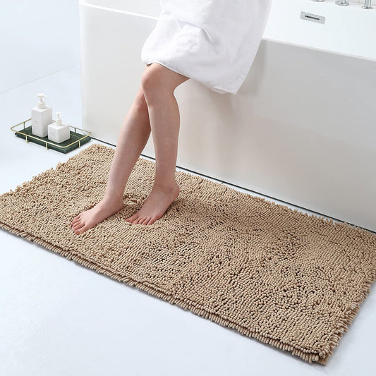 Chenille Bath Rug, Extra Soft and Absorbent Shaggy Bathroom Mat Rugs, Machine Washable, Non- Plush Carpet Runner for Tub, Shower, and Bath Room(24''x47'', Beige)