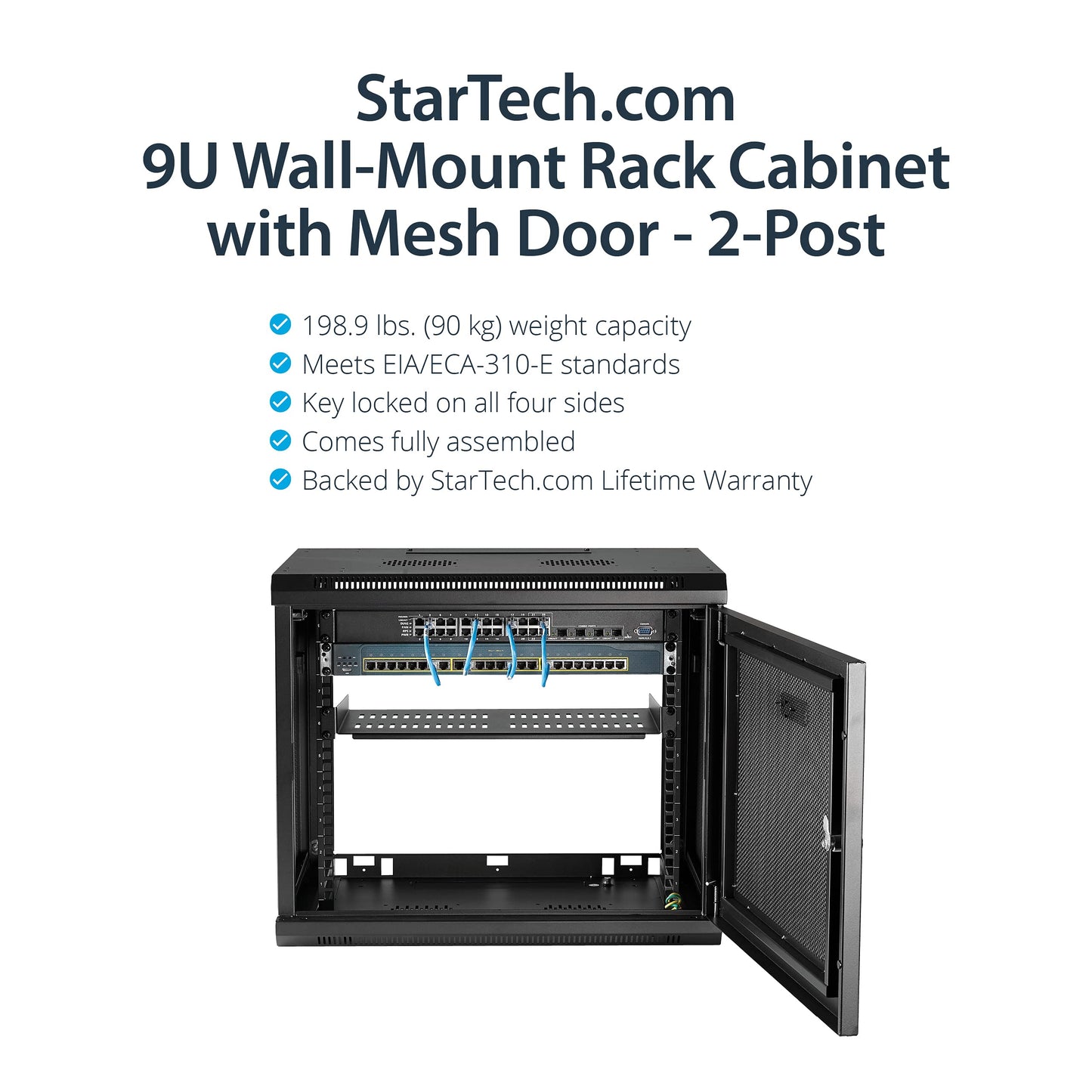 2 Post 9U 19" Wall Mount Network Cabinet - Adjustable Depth 6-15"- Locking IT Switch Depth Enclosure - Vented Computer/Electronics Equipment Data Rack w/Shelf & Hook & Loop Tape (RK9WALM)