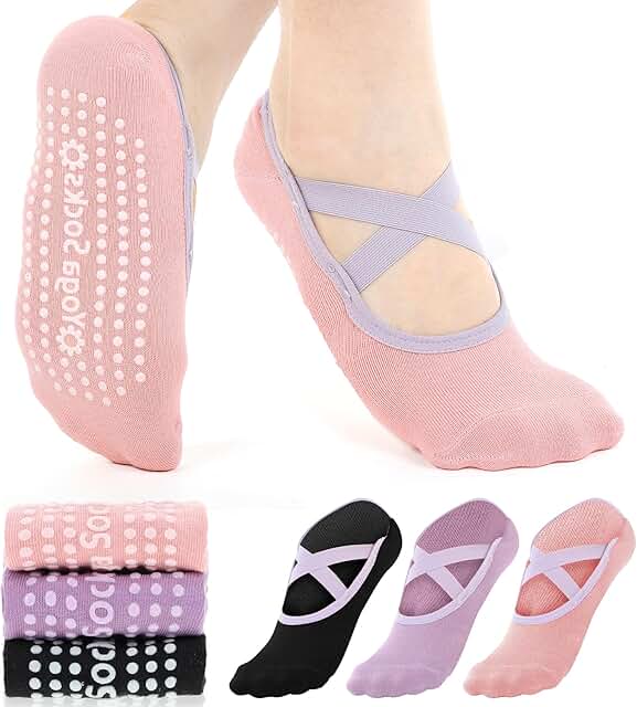 Three Pairs of Women's Pilates and Yoga Shoes in Pink, Purple, and Black