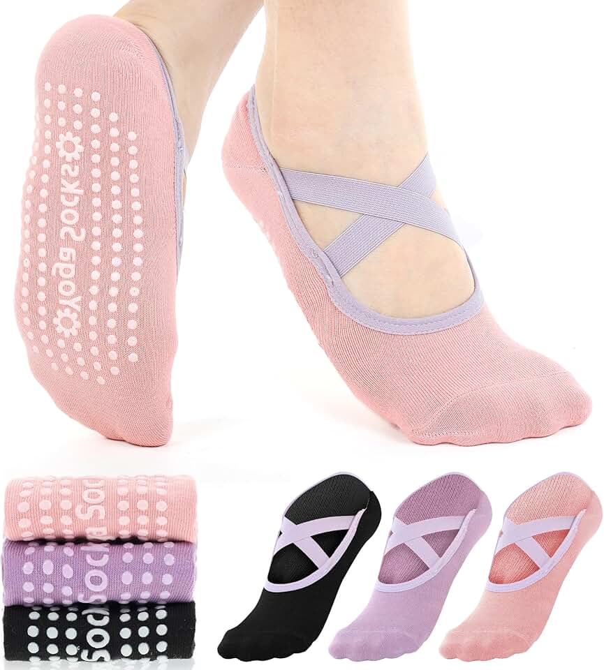 Three Pairs of Women's Pilates and Yoga Shoes in Pink, Purple, and Black