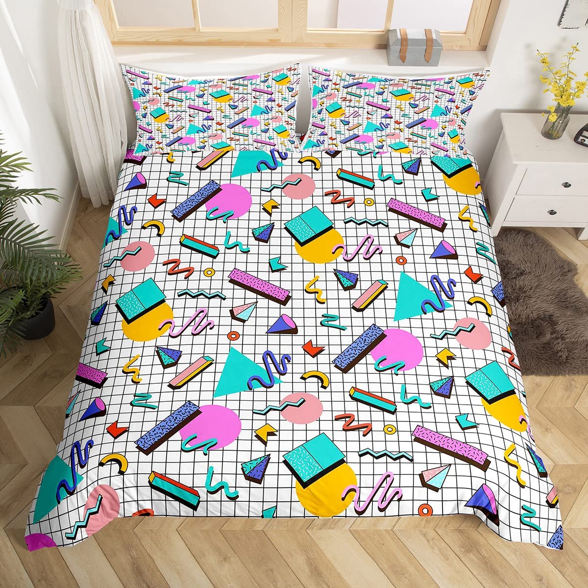 80s 90S Fashion Style Bedding Set Queen Size,Retro Memphis Style Pattern with Geometrical Shapes Duvet Cover for Kids Child,Funky Hipster Old Fashioned Comforter Cover Geometric Bedroom Decor