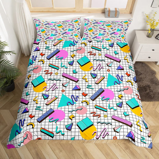 80s 90S Fashion Style Bedding Set Queen Size,Retro Memphis Style Pattern with Geometrical Shapes Duvet Cover for Kids Child,Funky Hipster Old Fashioned Comforter Cover Geometric Bedroom Decor
