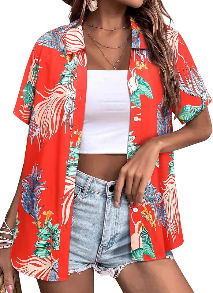 Women's Short Sleeve Floral Button-Down Summer Shirt