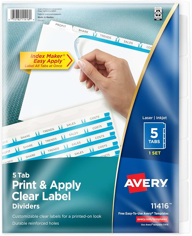 5 Tab Dividers with Clear Label Strips for Binders