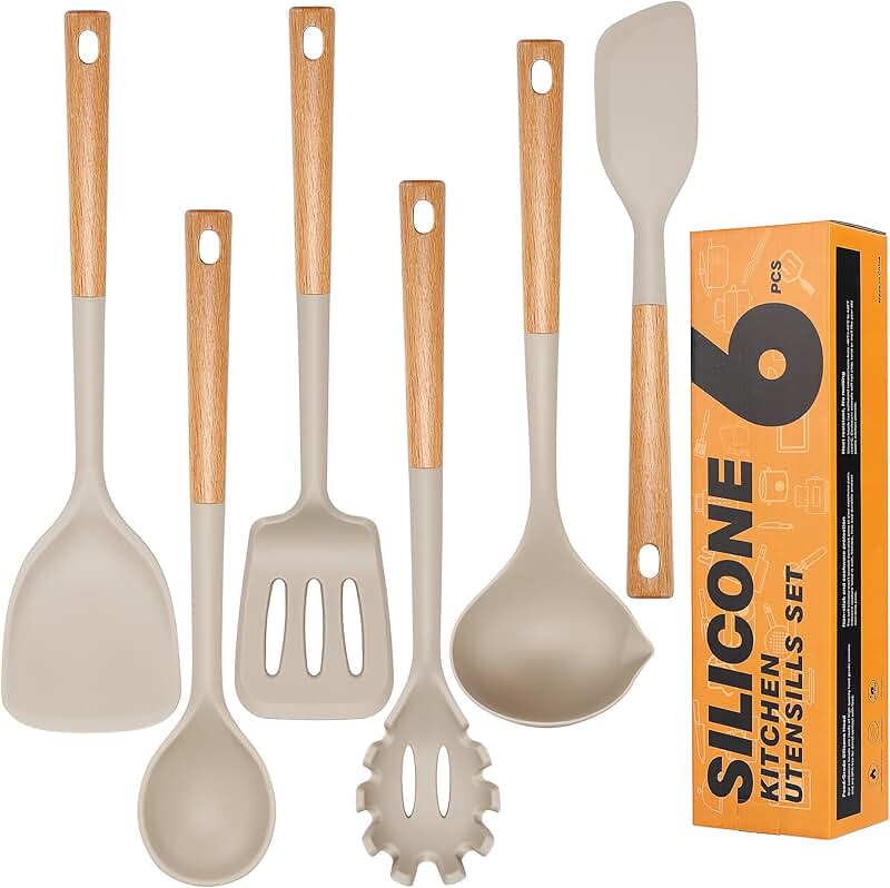 6-Piece Silicone Cooking Utensil Set with Wooden Handles