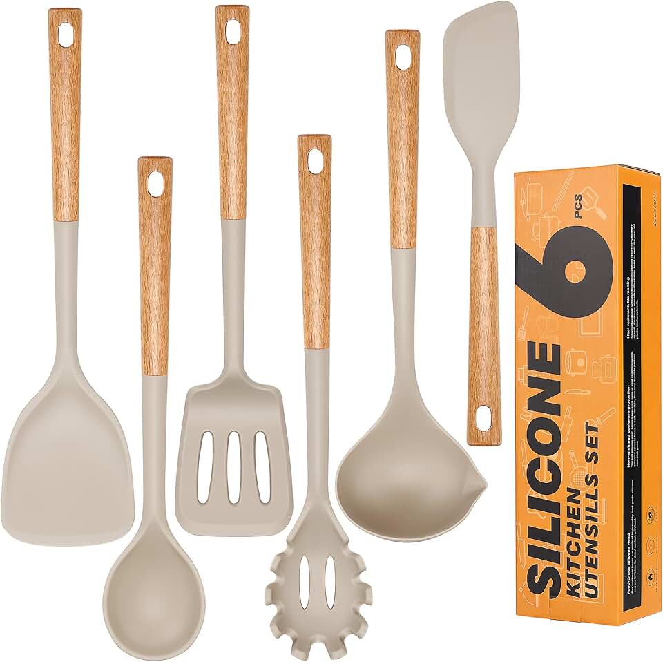 6-Piece Silicone Cooking Utensil Set with Wooden Handles