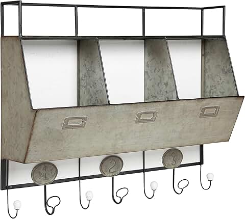 White Wood and Metal Wall Storage Pockets with Hooks