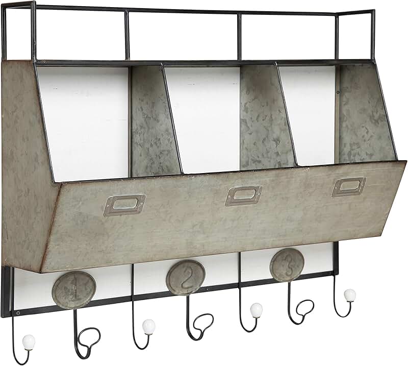 White Wood and Metal Wall Storage Pockets with Hooks