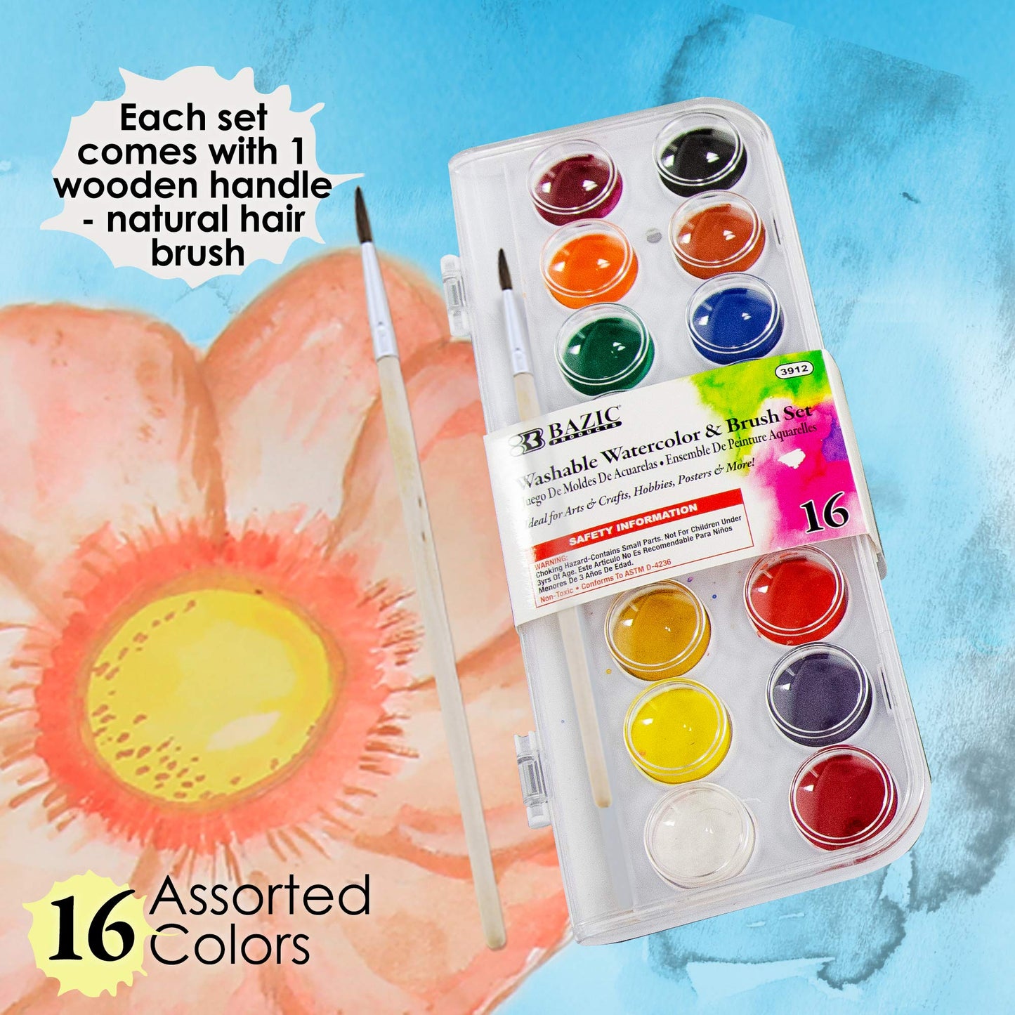 16-Color Watercolor Paint Set with Brush