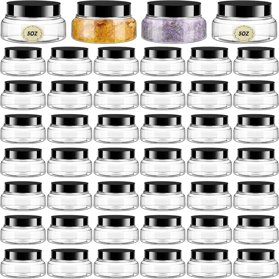 48 Clear Plastic Jars with Lids and Labels