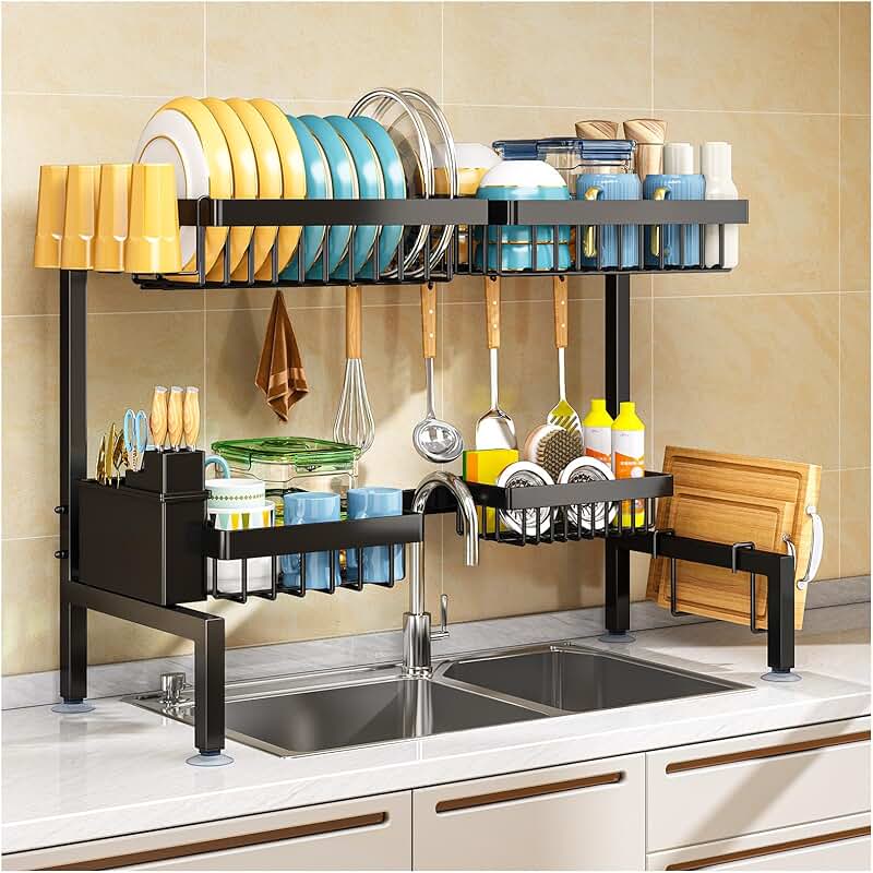 Two-Tier Over Sink Dish Drying Rack with Four Baskets