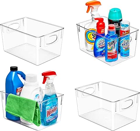 Set of 4 Large Clear Plastic Storage Bins with Handles