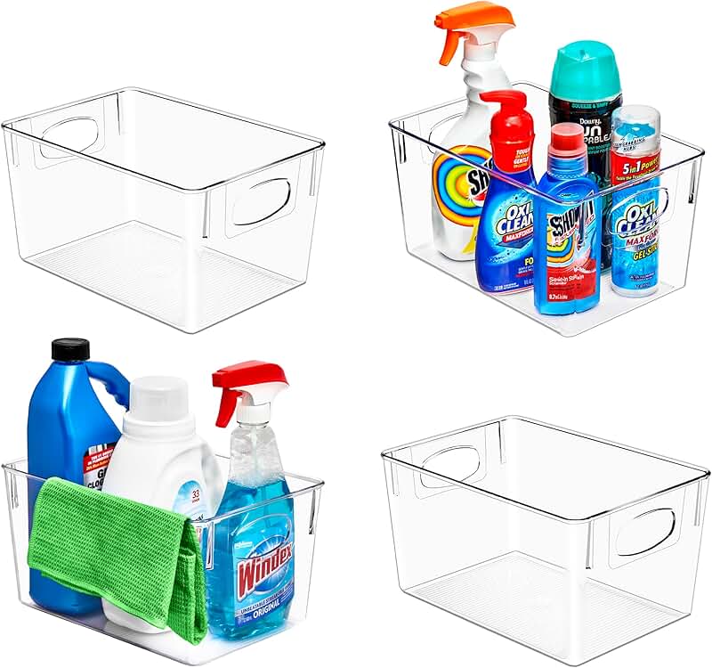 Set of 4 Large Clear Plastic Storage Bins with Handles