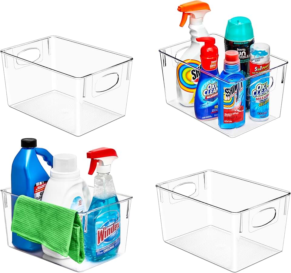 Set of 4 Large Clear Plastic Storage Bins with Handles