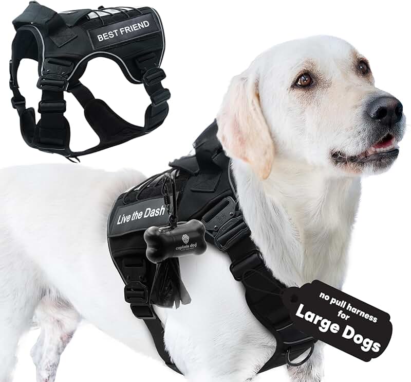 Large Reflective Dog Harness with Patches and Poop Bag Holder