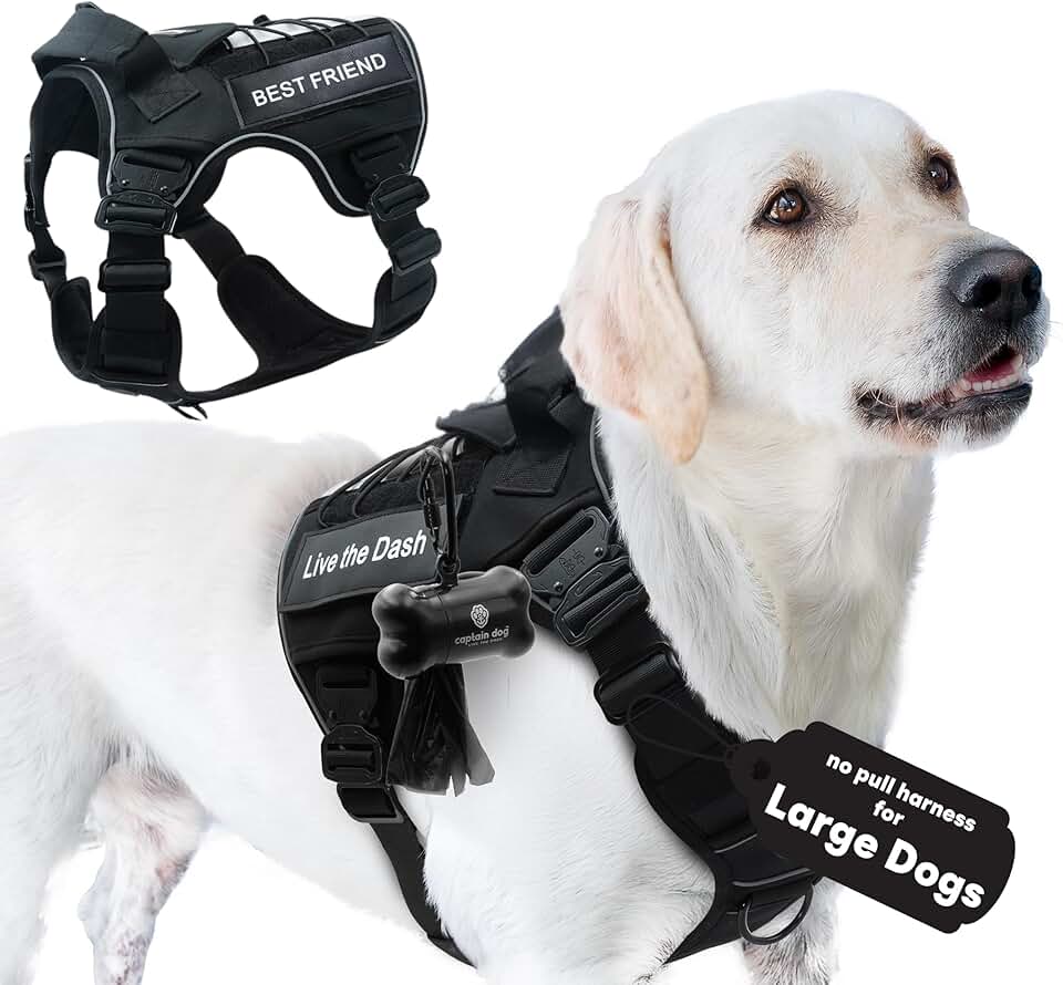 Large Reflective Dog Harness with Patches and Poop Bag Holder