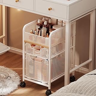 Narrow White Makeup Cart with 2 Drawers and Storage