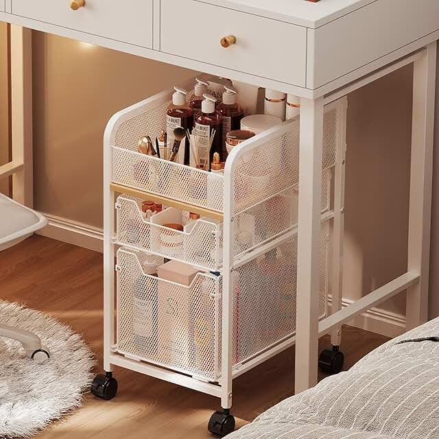 Narrow White Makeup Cart with 2 Drawers and Storage