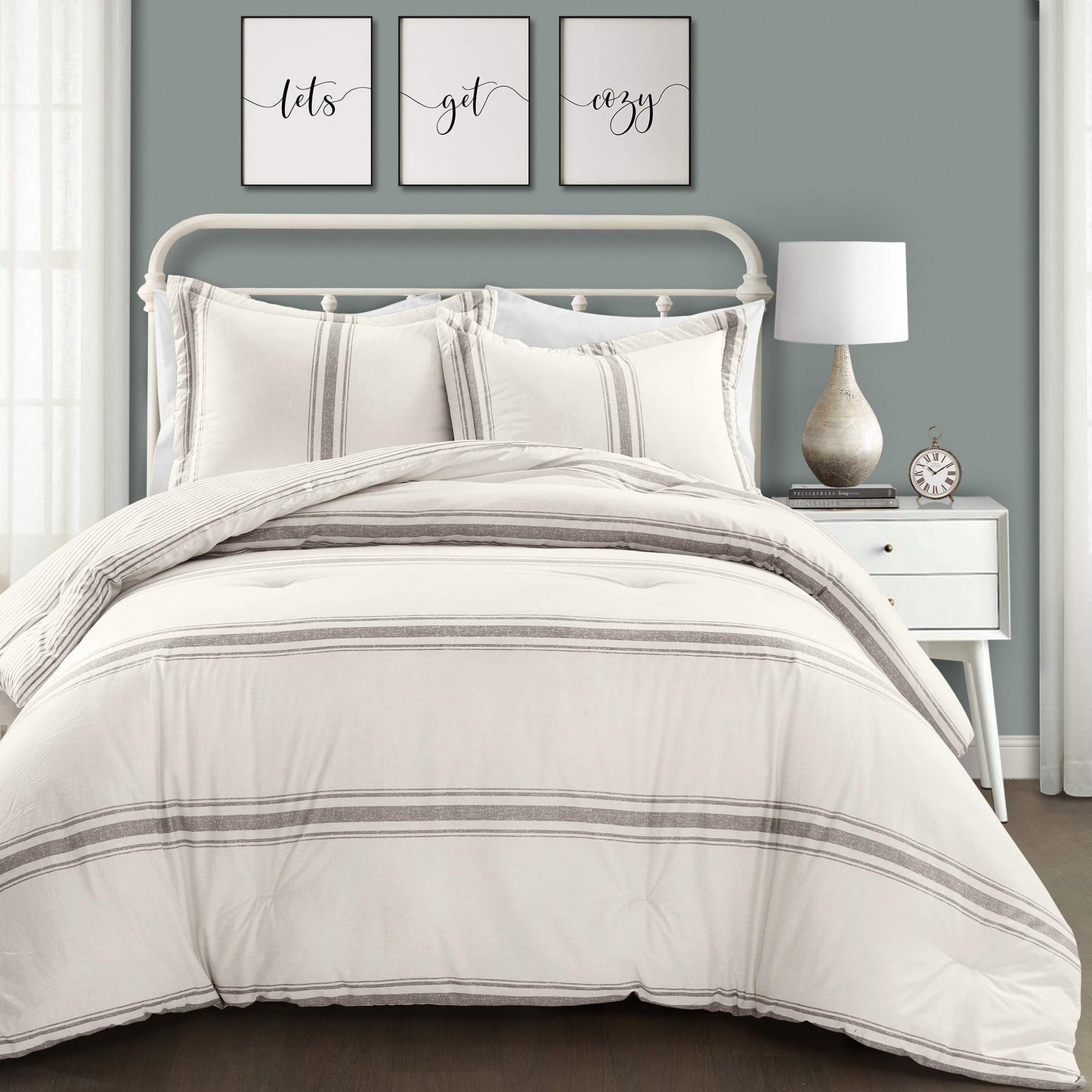 Gray Comforter Farmhouse Stripe 3 Piece Reversible Bedding Set, King