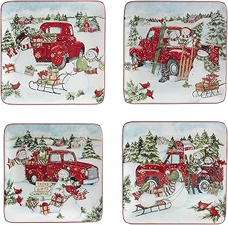 Set of 4 Red Truck Snowman Salad and Dessert Plates